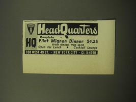 1960 HeadQuarters Restaurant Advertisement - Complete Filet Mignon Dinner  - $14.99
