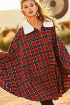 Women&#39;s Mock Neck With Zipper Contrast Inside Front Pocket Plaid Poncho - $32.80