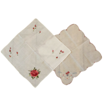 Vintage White Linen Embroidered Womens Handkerchief Florals Scalloped Se... - $12.99