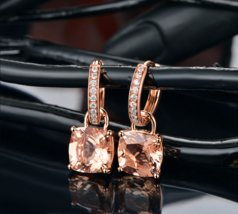 4.31Ct Cushion Cut Morganite Drop &amp; Dangle Earrings Solid 14K Rose Gold Finish - £131.20 GBP