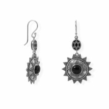 925 Sterling Silver Oxidized Beaded Sun Design Black Onyx French Wire Earrings - £144.92 GBP