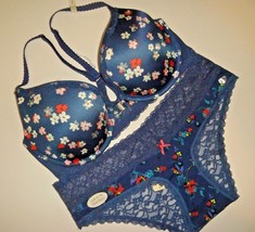 NWT aerie racerback 36C BRA SET M panty NAVY blue white red floral lace BROOKE - £47.30 GBP