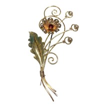 Flower on Stem Red Crystal Pearls VAN DELL Vintage Sterling 12 Kt GF Gold Brooch - $92.86