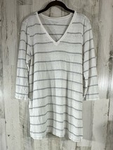 Eileen Fisher Organic Linen Top Size Medium White Gray Stripe 3/4 Sleeves READ - £19.54 GBP