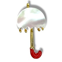 Vintage Umbrella Brooch Pin Mother Of Pearl 70&#39;s Gold Red Excellent Condition  - £12.74 GBP