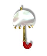 Vintage Umbrella Brooch Pin Mother Of Pearl 70&#39;s Gold Red Excellent Cond... - £12.53 GBP