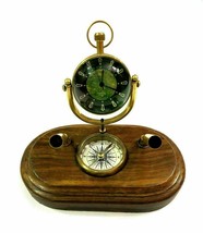 Vintage Brass Desk Clock Pen Holder With Wooden Base Collectibles Office Item - £56.87 GBP