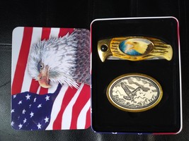 Eagle tin, belt buckle and knife- NEW - $24.95