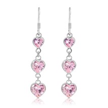 Sweet Elegance Tiered Pink Cubic Zirconia Hearts Sterling Silver Dangle Earrings - £10.69 GBP