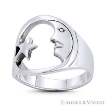 Waxing Crescent Moon Face &amp; Star Lunar Charm 925 Sterling Silver Right-Hand Ring - £22.55 GBP