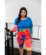 Plus Blue Neon Rainbow Tie-dye Colorblock Long Sleeve Top &amp; Biker Shorts... - €21,44 EUR