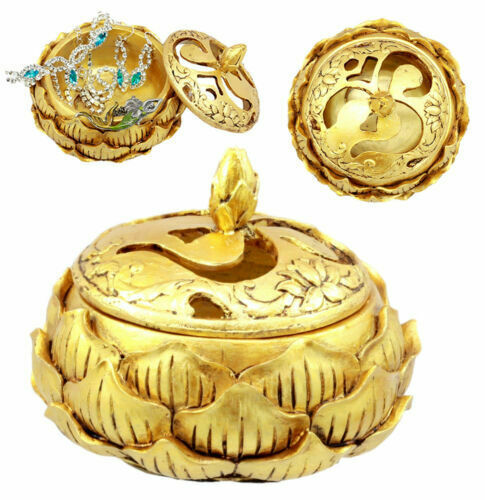 Auspicious Golden Buddha Ohm Carved Padma Lotus Round Jewelry Box Figurine - $23.99