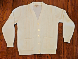 Vintage 60s Sears Button Front Long Sleeve Cable Knit Cardigan Ivory Sz Medium  - £54.60 GBP