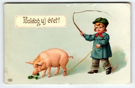 New Year Postcard Child With Whip Pig Eating Four Leaf Clovers Gel EAS Germany - £25.59 GBP