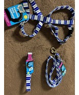 PlayOn Matching 3 Piece Dog Set Blue White Striped Harness, Leash &amp; Collar - £15.58 GBP
