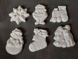 Ceramic Bisque Ready to Paint Christmas Ornaments 6pc Snowman Santa Train - $23.15