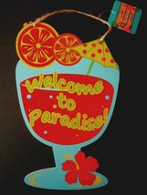 Welcome To Paradise! Luau Decor Colorful Wood Sign 12&quot;x7&quot; W/Decorated Glass New! - £6.29 GBP