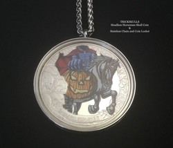 Headless Horseman Pumpkin Enamel Coin + Stainless Locket Custom Wheat Link Chain - $20.00