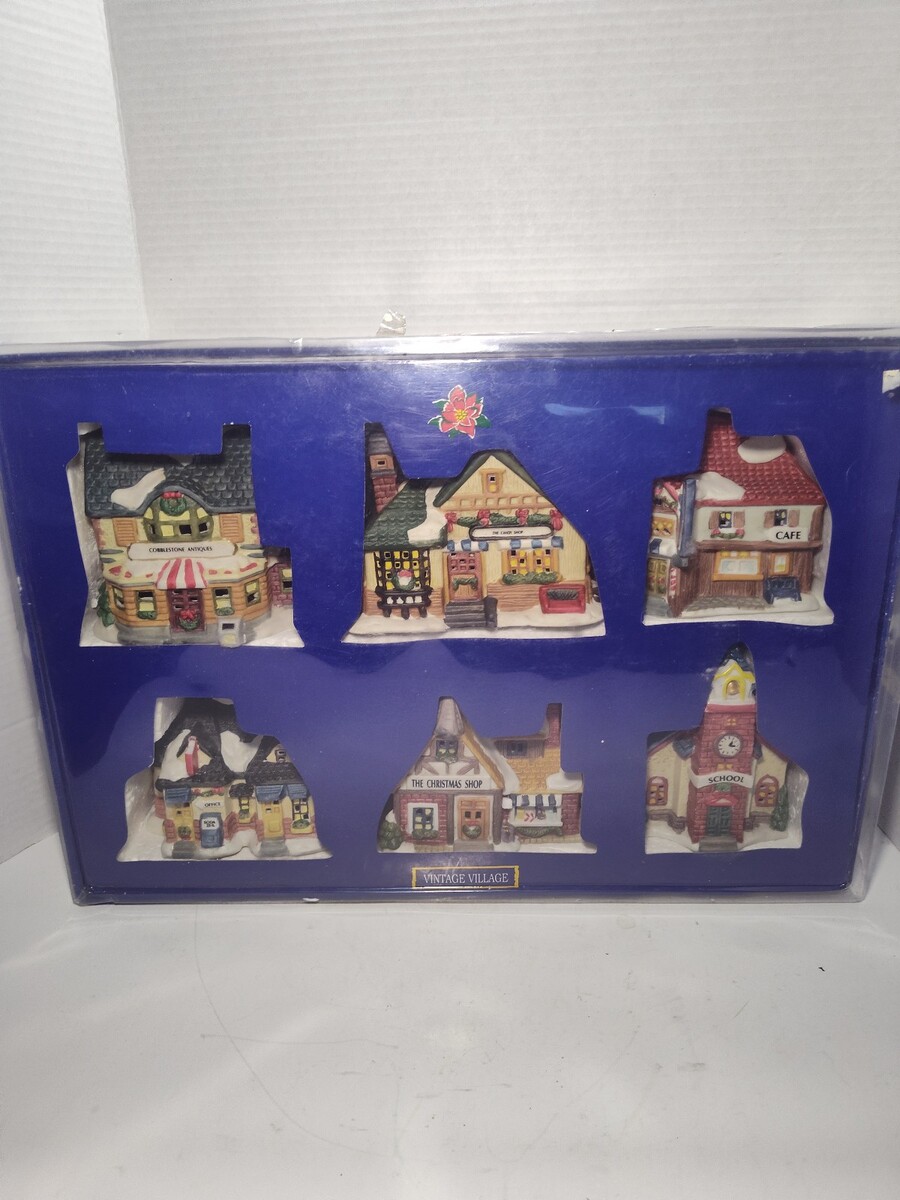 Vintage Village 6-Piece Porcelain Christmas Buildings Set Walmart Boxed - $32.66