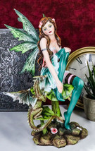 Beautiful Gaia Pixie Fairy With Green Wyrmling Dragon Statue 9.5&quot;H Fanta... - $48.99