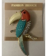 Vtg Hattie Carnegie Gold tone TOUCAN Green Coral Lucite Enamel Rhineston... - $62.47 CAD