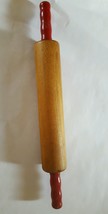 Vintage Solid Wood Rolling Pin Red Handles 16 inches long 9 1/2 inche su... - $11.34