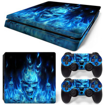 For PS4 Slim Skin Console &amp; 2 Controllers Blue Flame Skull Decal Vinyl Wrap - £11.95 GBP
