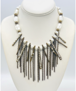 Chico&#39;s Antique Gold Tone Faux Pearl Brutalist Fringe Chain Necklace - $29.70