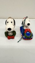 Vintage Peanuts Ceramic Snoopy In Car And  Wreath Christmas Ornaments Lot Of 2 - $59.35