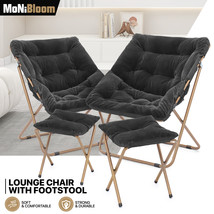 Black Set of 2 Foldable Saucer Lounge Chair Metal Frame Faux Fur Seat w/Ottoman - £134.15 GBP