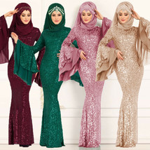 Dubai Sequin Formal Women Evening Party Mermaid Dress Muslim Wedding Abaya Robes - £29.42 GBP