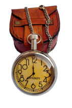 Nautical Vintage American Elgin Look Antique 2&quot; Brass Pocket Watch Leath... - $37.98