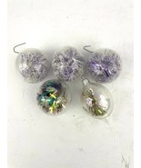 VTG Lot of 5 Clear Hanging Ornaments with Shiny Tinsel Christmas Hand Blown - £16.16 GBP