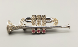 Vintage Trumpet Rhinestone Pin Pink Clear Horn Brooch Jewelry 2&quot; Silver ... - £5.63 GBP