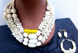 Chunky Ivory Acrylic Beads 3 Layers Necklace Bracelet &amp; Earrings Jewelry Set. - £51.76 GBP