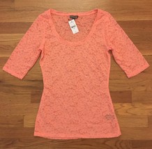 Express Tangerine Orange Stretch Floral Elbow Sleeve Lace Length Sleeves... - $29.99
