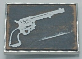 Vintage Silver Tone &amp; Painted Faux Wood Revolver Gun Belt Buckle - £11.70 GBP