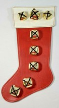 Vintage Handmade Leather Red &amp; White Christmas Stocking With Jingle Bells - £8.02 GBP