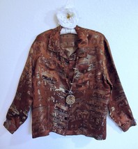 Chico&#39;s Asian Brocade Blouse Top 2 L 12 Silk Blend Gold Brown Artsy - £19.98 GBP