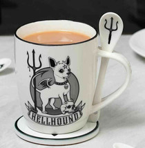 Wicca Sacred Hellhound Pentagram Devil Dog Porcelain Mug With Spoon Set 13oz - £18.43 GBP