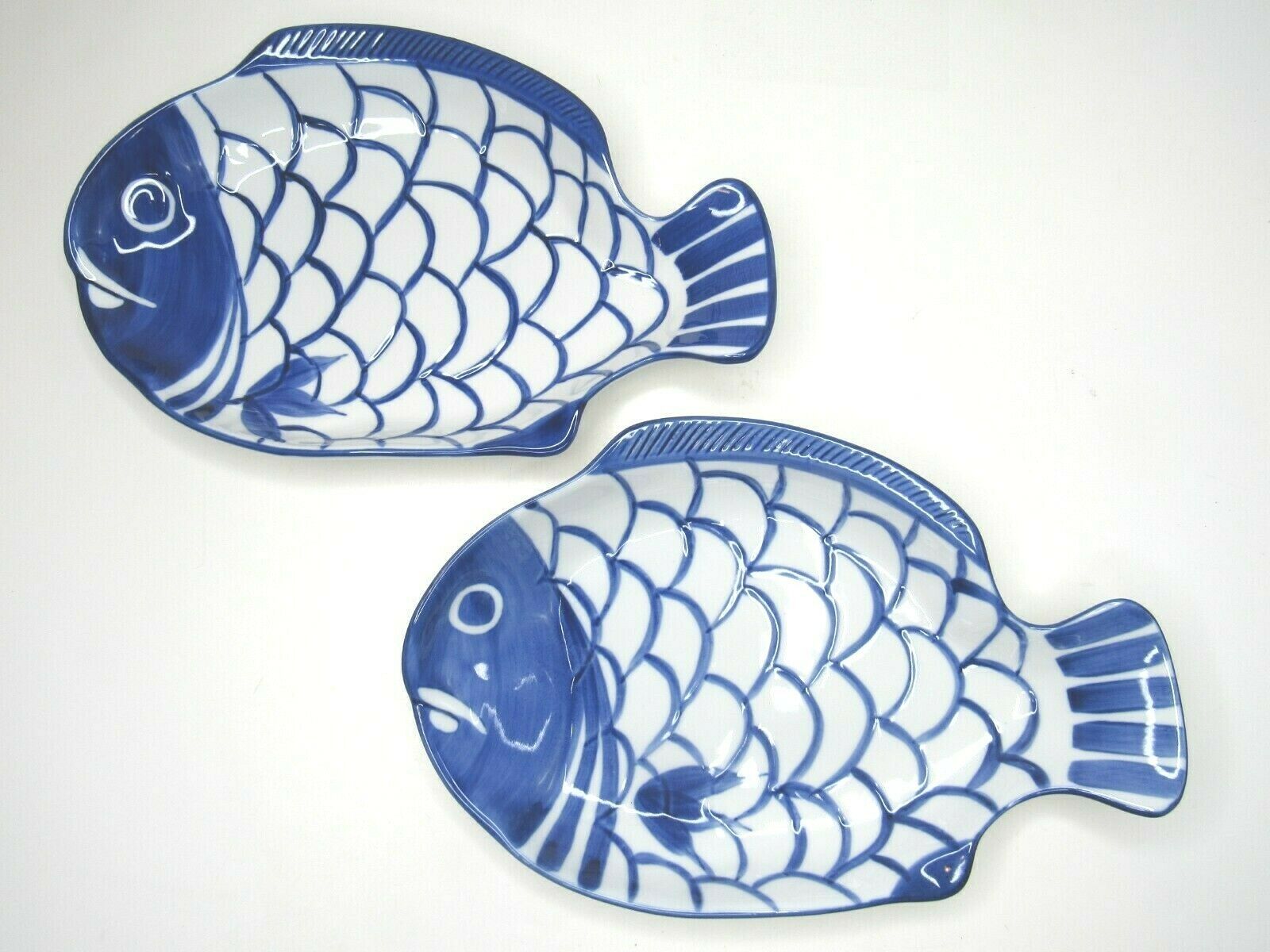2 Dansk Arabesque Blue White Ceramic 11 1/2" Fish Shaped Serving Platter Bowls - $68.97