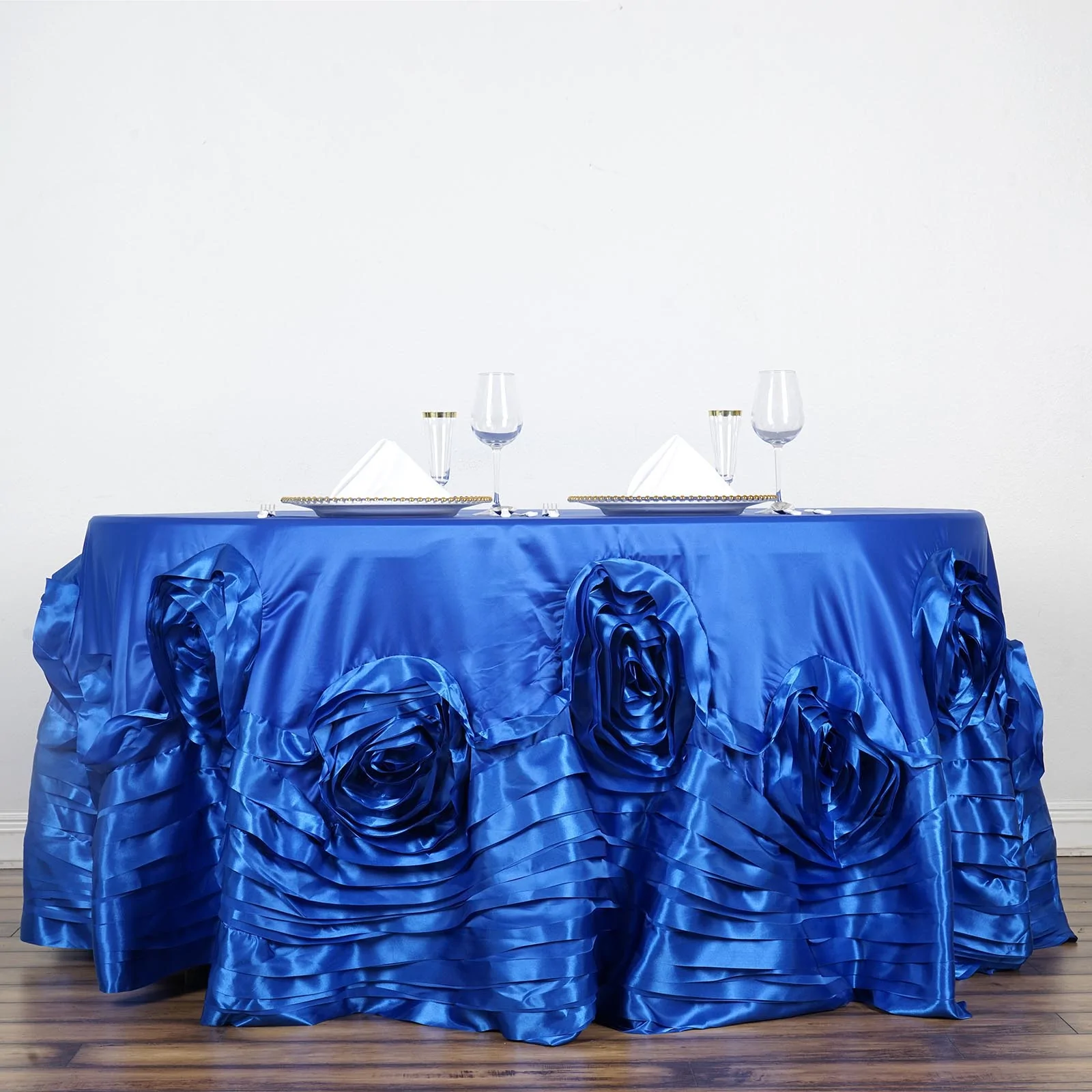 Primary image for Royal Blue - 132" Tablecloth Large Rosette Round Lamour Satin Wedding Party