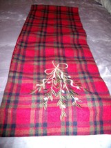 Pretty Holiday Red Plaid Table Runner Embroidered Mistletoe 13&quot; X 72&quot; Christmas - £10.21 GBP