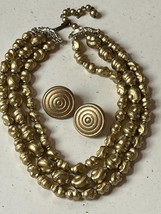Vintage Demi Triple Strand Tapered Gilt Twist Plastic Bead Necklace &amp; Round Wood - £14.78 GBP