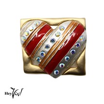 Vintage AJMC Signed Valentine Red Striped Heart Pin w Rhinestones 1&quot; - Hey Viv - £14.38 GBP