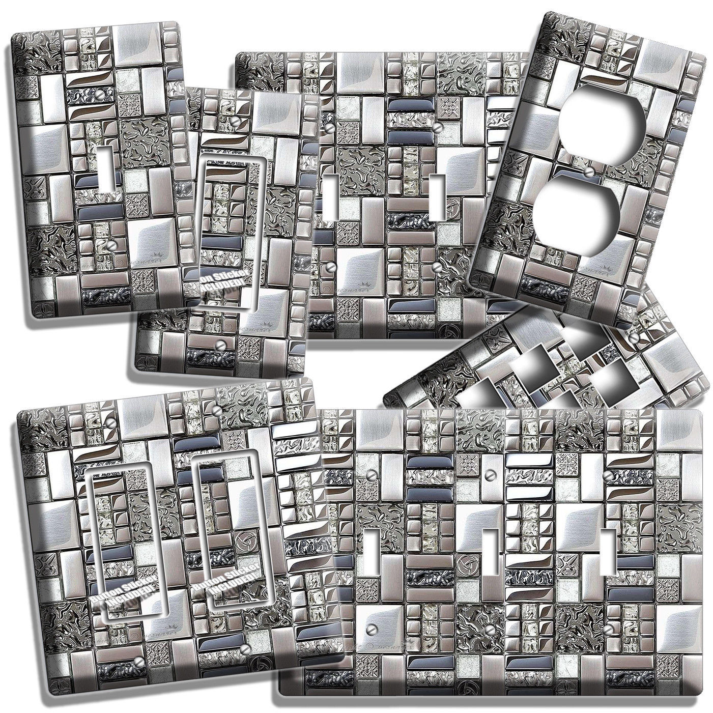 BRUSHED CHROME TILE DESIGN LIGHT SWITCH OUTLET WALL PLATE KITCHEN HOME ART DECOR