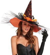 Halloween Women Witch Hat with LED Lights Costume Gauze Feathers Spiders Decorat - £45.51 GBP