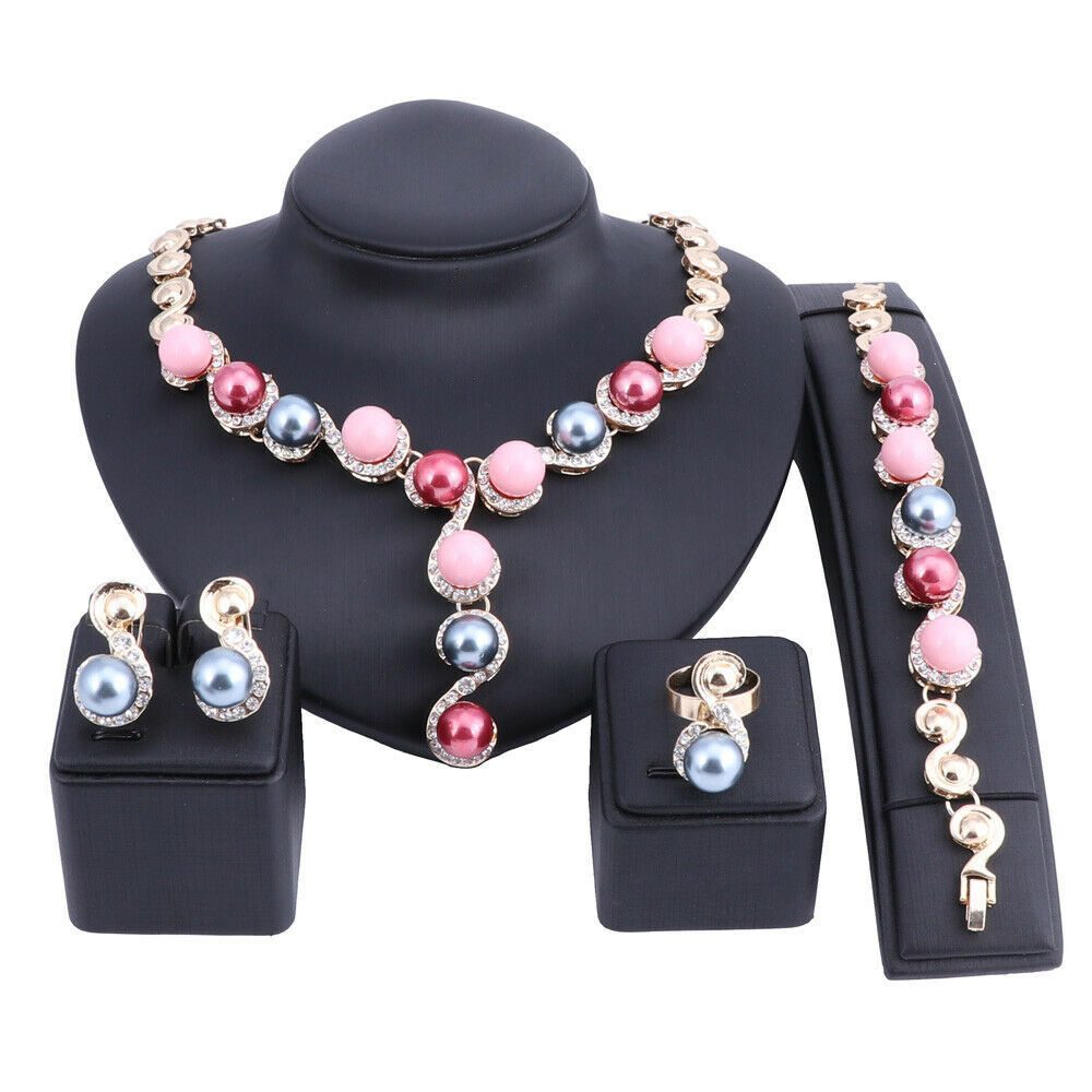 Fashion Women Gold Plated Crystal Mixed Pearl Wedding Party Necklace Jewelry Set - £19.17 GBP