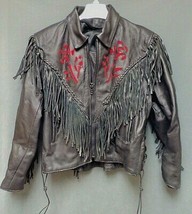 Vintage Leather Motorcycle Jacket Fringe Black Red Rose Women&#39;s Size Large - £97.77 GBP