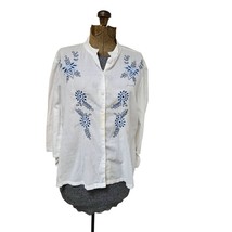 Sara Jane Shirt Womens Small Petite White Blue Button Front Embroidered - £9.49 GBP